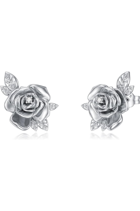 Diamond Rose Stud Earrings for Women 925 Sterling Silver Rose Earrings with Lab Grown Diamond Jewelry Gifts for Mom Wife Girlfriend Daughter Sister Friend