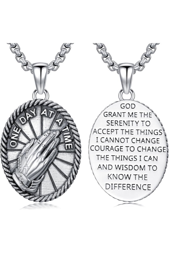 Praying Hand Necklace 925 Sterling Silver Serenity Prayer Pendant Necklaces with Scripture Christian Jewelry for Men