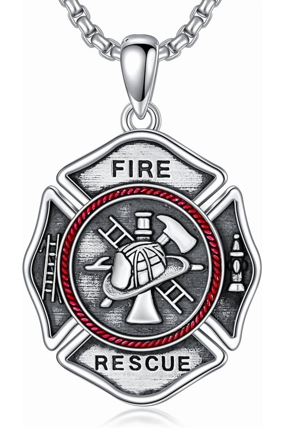 Saint Florian Necklace for Men 925 Sterling Silver Patron Saint of Firefighter Shield Pendant Oxidized Maltese Cross Necklaces Fire Academy Graduation Jewelry Gift for Him