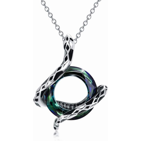 Dveatr Snake Necklace 925 Sterling Silver Animal Pendant with 4 Colors Circle Crystal from Austria, Snake Jewelry Collection for Women Her