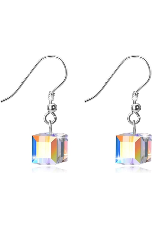 Sterling Silver Leverback Earrings Embellished with Crystals from Austria, Hypoallergenic 8mm Cube Crystal Square Earrings, Fine Anniversary Birthday Jewelry Gifts for Women