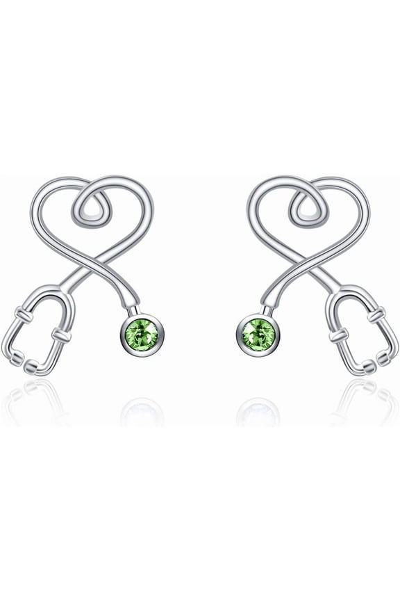 Stethoscope Earrings 925 Sterling Silver Heart Studs Earrings 12 Months Birthstone Crystals from Austria, Graduation Jewelry Gifts for Nurse Doctor RN Medical Student