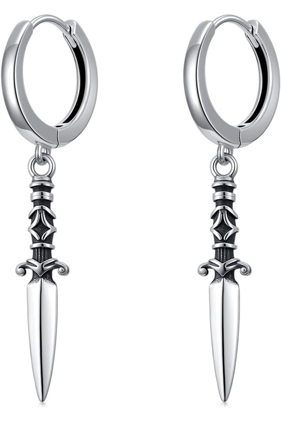 Sword Earrings 925 Sterling Silver Gothic Punk Sword Hoop Dangle Earrings Jewelry Gift for Men Women