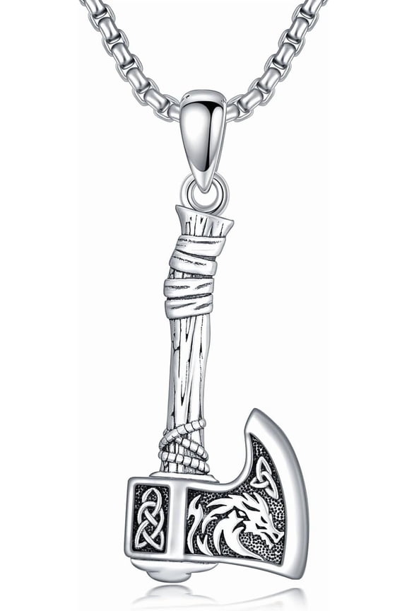 Viking Axe Necklace 925 Sterling Silver Axe Pendant Viking Jewelry Gift for Men Women, w/Stainless Steel Chain 22"+2"