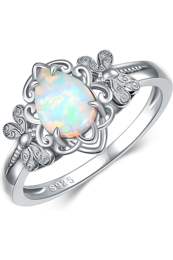 White Opal with Dragonfly/Butterfly Statement Ring 925 Sterling Silver Pear Cut 8 * 6MM Created Opal Ring for Anniversary Birthday Women Gifts Size 5-9