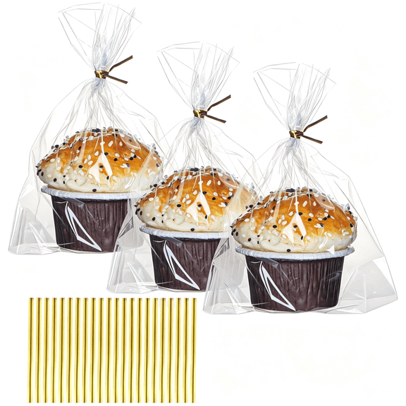 Dvjoy 100 Pack 5"2"x6.5"Cellophane Muffin Bags with Gold Twist Ties Pro Grade,Flat Bottom Design for Cupcakes Macarons Chocolate Treats,Fits Cookies,Strawberries Bakery Packaging