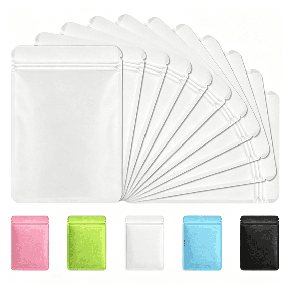Dvjoy 100 Pack White Mylar Packaging Bags Odor Proof Resealable Bags | Double Sided Color Odor Proof Pouch Baggies Smell Proof Foil Bag for Food Storage,Small Business(3x4.7inch)