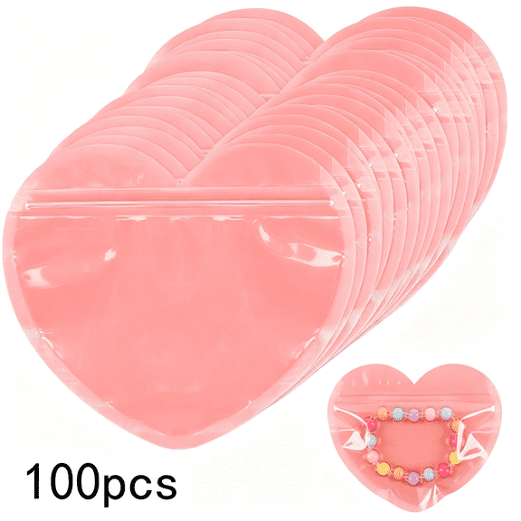 Dvjoy 100pcs Mylar Heart Shaped Zip Top Lock Bags for Jewelry (Pink) | 5x3.5 in Usable Area, Clear Display Window, Suitable for Bracelets, Samples, Press-On Nails, Crystals, and Small Business
