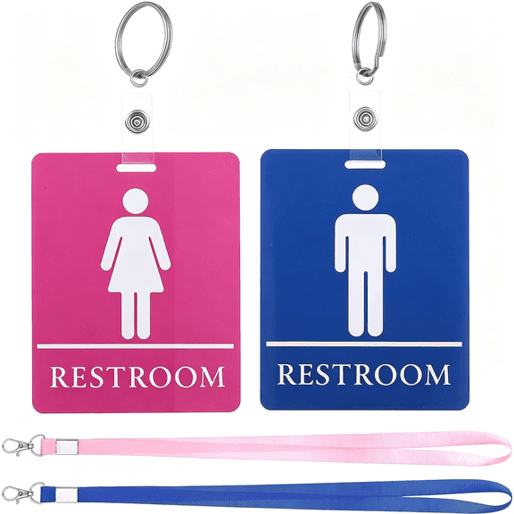 Dvjoy 2 Sets Restroom Passes,Bathroom Pass Restroom Hall Pass for Classrooms with Key Holder and Buckle,Blue and Pink Bathroom Passes for School Office Public Place Toilet