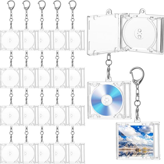 Dvjoy 20 Pcs Mini Cd Holder Keychain Bulk Album Case Plastic Player Shaped Key Pendant Blank Dvd Case Clear Cd Jewel Keyring for Diy 20 Pcs Mini Cd Keychain