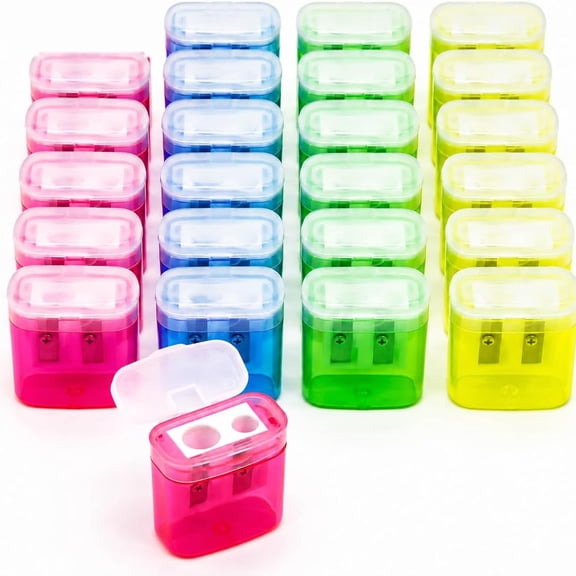Dvjoy 24-Pack Pencil Sharpener for Classroom,Dual-Hole with Lids|24 manual dual-hole sharpeners with shavings containers and lids for standard and larger pencils,colored pencils,crayons