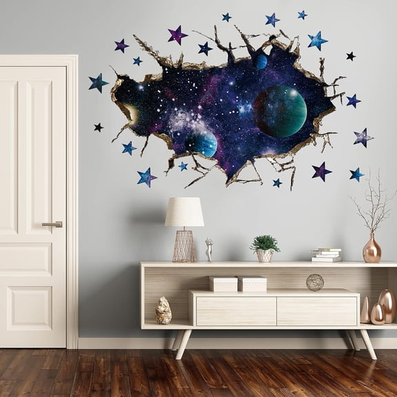 Dvjoy 3D Galaxy Blue Cosmic Milky Way Wall Stickers, Outer Space Planets Simulation Crack Hole Wall Decals, Starry Sky Wall Decor for Boys Kids Bedroom Living Room Nursery Decoration