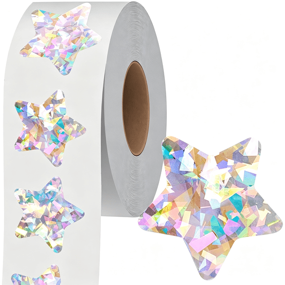 Dvjoy 500 PCS Holographic Silvery Star Stickers, Self-Adhesive Metallic Glitter Foil Reflective Star Stickers for Reward Behavior Chart Labels, Each Measures 1.5'