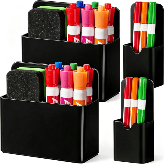 Dvjoy Magnetic Marker Holder, Dry Erase Pen Organizer for Whiteboard | 4 pack strong magnet backed plastic pencil & pen cups for classroom, locker & refrigerator accessories(Black)
