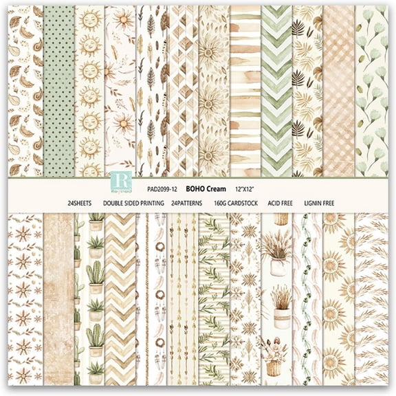 Dvjoy Scrapbook Paper 12x12 Patterned Paper for Scrapbooking (Beige)|24 Sheets,Double Sided,Floral Decorative Craft Papers,Boho Scrapbook Background Papers,for Photo Album Journal Decor