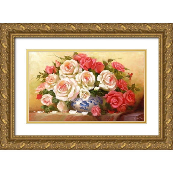 Dvoretskiy, Petrovich 24x16 Gold Ornate Wood Framed with Double Matting Museum Art Print Titled - RED WHITE ROSES