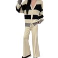 thumbnail image 1 of Dvprdro 2 Piece Lounge Outfits for Women Solid Color Fashionable Casual Loose High Waist Knit Suit V Neck Button Down Cardigan Matching Wide Leg Pants Set Fall Winter Casual Tracksuits Travel Outfits, 1 of 4