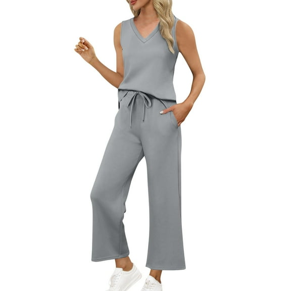Dvprdro 2 Piece Outfit Sets for Women Summer Vacation 2025 Summer Sleeveless V Neck Tops and Sweatpants Sets Spring Active Tracksuit Lounge Sets Gray Sizes M