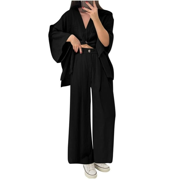 Dvprdro 2 Piece Trendy Casual Long Sleeve Outfits for Women Loose Fit V Neck One Button Flowy Dressy Blouse Tops Fashion Pleated Wide Leg Suit Pants Sets Lightweight Elegant Streetwear Sets