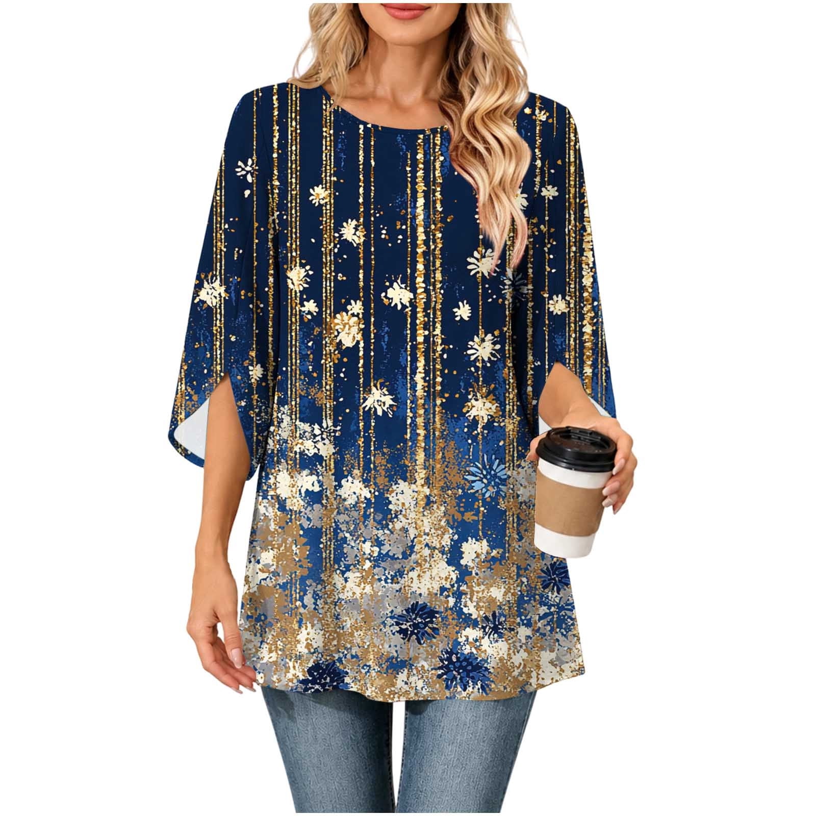 Work With Basic Dvprdro 3/4 Sleeve Blouses for Women Crewneck Printed Casual Tops ...