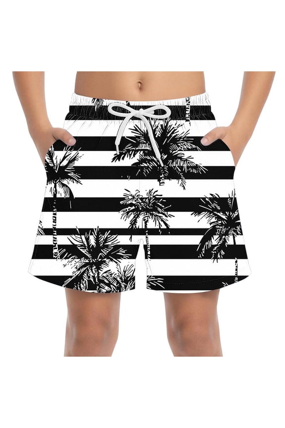 Boys Bermuda Summer Loose Athletic Print Elastic Drawstring Waist Quick Dry Breathable Beach Surf Swim Shorts with Side Pockets