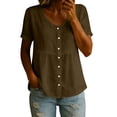 thumbnail image 1 of Dvprdro Breathable Cotton V Neck Solid Top for Women Short Sleeve Button Front Loose Fit Summer Office Blouse, 1 of 7