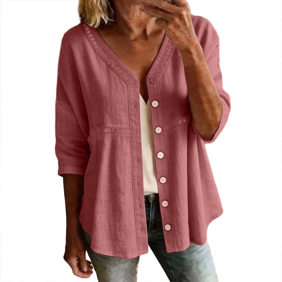 Dvprdro Breathable Lightweight Linen V Neck Embroidered Top for Women 3/4 Sleeve Button Front Loose Fit Summer Blouse