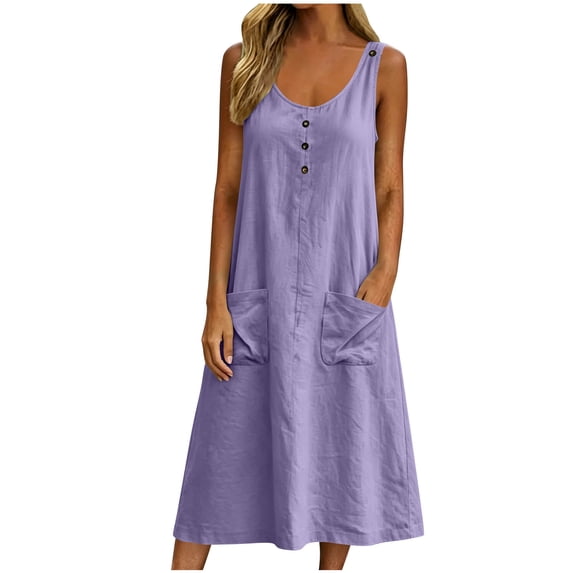Dvprdro Button Front Linen Midi Dress for Women Crewneck Sleeveless Side Pockets Loose Fit A Line Solid Summer