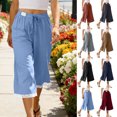 thumbnail image 1 of Dvprdro Capri Pants for Women Cotton Wide Leg Lace Hem Drawstring Elastic Waist Side Pockets Solid Loose Fit Summer Beach, 1 of 8