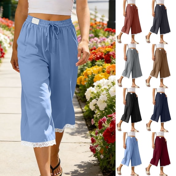 Dvprdro Capri Pants for Women Cotton Wide Leg Lace Hem Drawstring Elastic Waist Side Pockets Solid Loose Fit Summer Beach