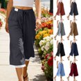thumbnail image 1 of Dvprdro Capri Pants for Women Cotton Wide Leg Lace Hem Drawstring Elastic Waist Side Pockets Solid Loose Fit Summer Beach, 1 of 8