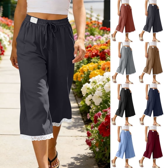 Dvprdro Capri Pants for Women Cotton Wide Leg Lace Hem Drawstring Elastic Waist Side Pockets Solid Loose Fit Summer Beach