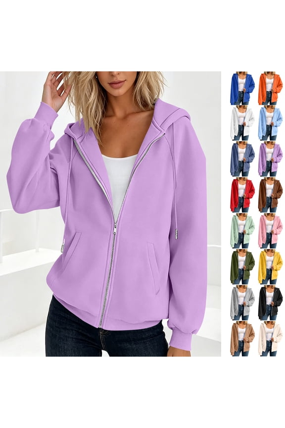 Casual Long Sleeve Pullover Hoodie for Women Fall Fashion Solid Color Hooded Zip-Up Sweatshirt Jackets Purple XL