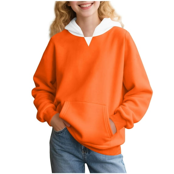 Dvprdro Children's Color Block Hooded Sweatshirt Casual Trendy Long Sleeve Hoodie Tops Fall Winter Pullover Tunic Blouse for Boys and Girls Aged Orange 14 Years