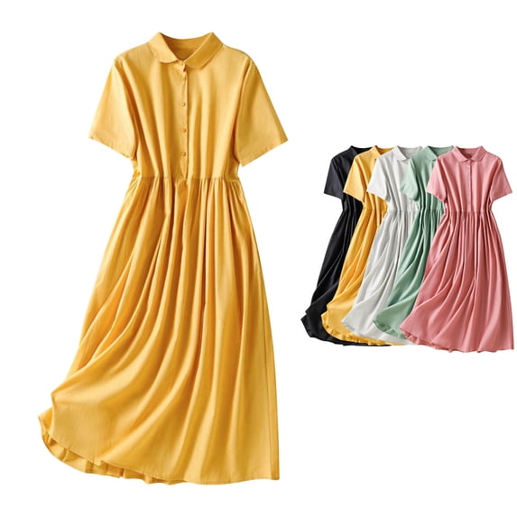 Dvprdro Collared Short Sleeve Cotton Linen Midi Dress for Women Slim Fit A Line Summer Office Solid