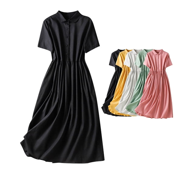 Dvprdro Collared Short Sleeve Cotton Linen Midi Dress for Women Slim Fit A Line Summer Office Solid