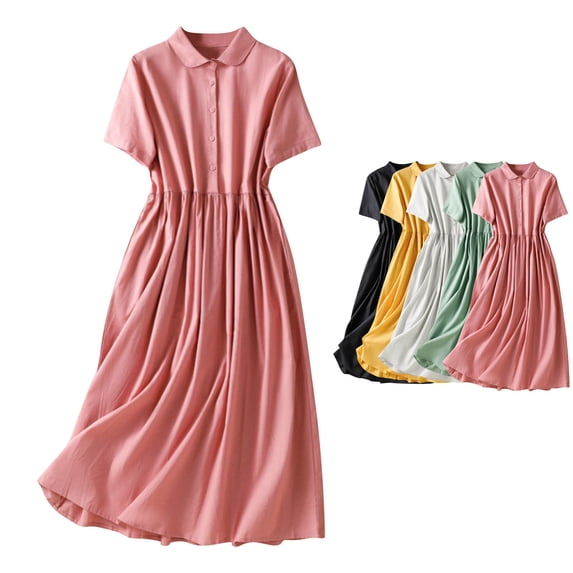 Dvprdro Collared Short Sleeve Cotton Linen Midi Dress for Women Slim Fit A Line Summer Office Solid