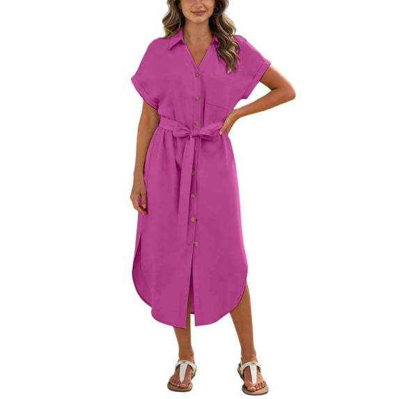 Dvprdro Collared Short Sleeve Linen Maxi Dress for Women Button Front Side Pockets Tie Waist Solid Color Summer