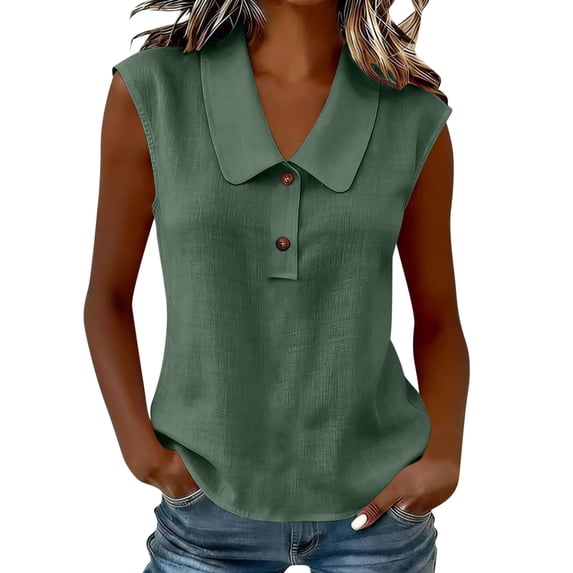 Dvprdro Collared Sleeveless Solid Top for Women Button Front Loose Fit Summer Casual Blouse