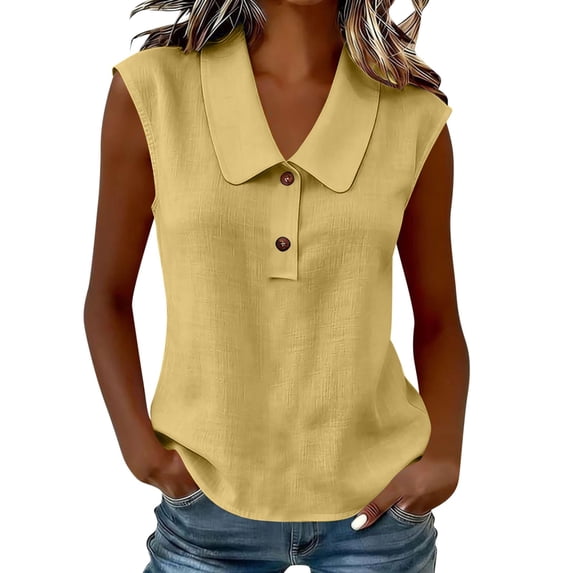Dvprdro Collared Sleeveless Solid Top for Women Button Front Loose Fit Summer Casual Blouse
