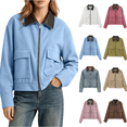 thumbnail image 1 of Dvprdro Corduroy Varsity Jacket for Women Faux Leather Collar Zip Front Long Sleeve Bomber Coat with Pockets Casual Fall Winter, 1 of 9