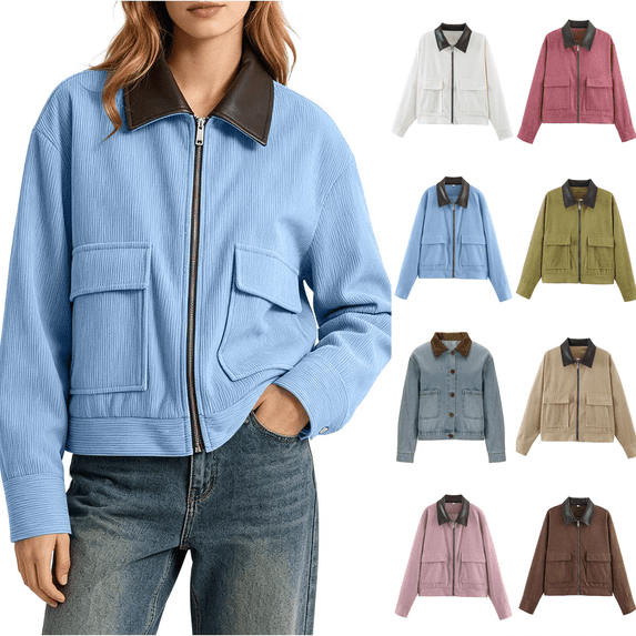 Dvprdro Corduroy Varsity Jacket for Women Faux Leather Collar Zip Front Long Sleeve Bomber Coat with Pockets Casual Fall Winter