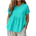 thumbnail image 1 of Dvprdro Cotton Linen Tops for Women Short Sleeve V-Neck Pleated Detail Pullover Blouses Relaxed Hem Solid Casual Summer Tees, 1 of 6
