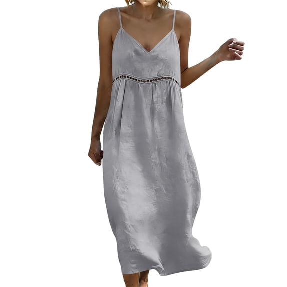 Dvprdro Cotton Linen V Neck Spaghetti Strap Maxi Dress for Women Loose Fit Tiered Ruffle Hem Summer Beach Solid