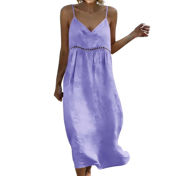 Dvprdro Cotton Linen V Neck Spaghetti Strap Maxi Dress for Women Loose Fit Tiered Ruffle Hem Summer Beach Solid