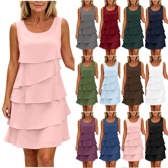 Dvprdro Crew Neck Sleeveless Chiffon Asymmetric Hem Loose A Line Mini Dress for Women Summer Beach Casual Solid