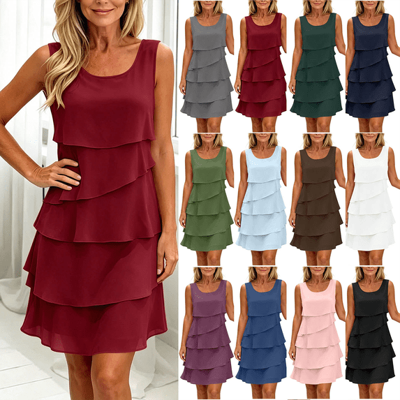 Dvprdro Crew Neck Sleeveless Chiffon Asymmetric Hem Loose A Line Mini Dress for Women Summer Beach Casual Solid