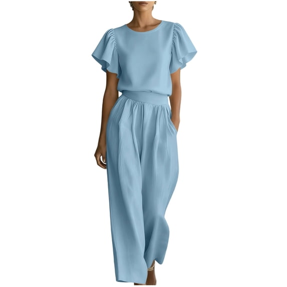 Dvprdro Crewneck Ruffle Sleeve Top and High Waist Wide Leg Pants Set for Women Elastic Waist Summer Casual