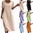 thumbnail image 1 of Dvprdro Crewneck Short Sleeve Cotton Linen Midi Dress for Women Side Pockets Loose A Line Summer Vacation Casual Solid, 1 of 7