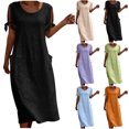 thumbnail image 1 of Dvprdro Crewneck Short Sleeve Cotton Linen Midi Dress for Women Side Pockets Loose A Line Summer Vacation Casual Solid, 1 of 7
